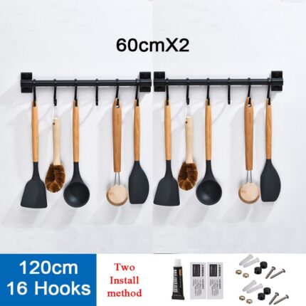 Black Kitchen Hook Rack Wall Mounted Pantry Tool Holder Kitchen Shelf Aluminum Pantry Bar for Kitchenware Utensil Storage Rack